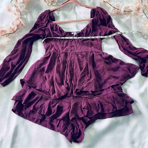 Purple Long Sleeve Shorts Romper - Picture 2 of 5